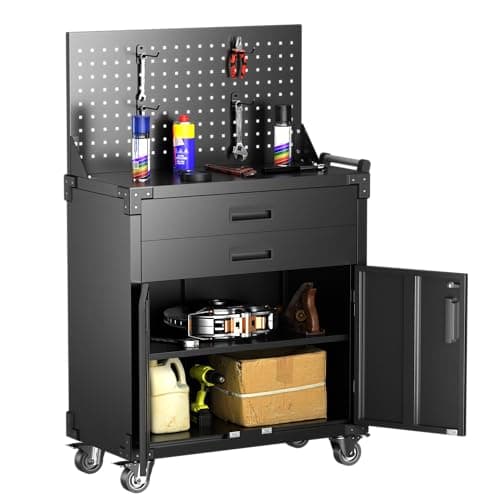 NICOMOW 31.5" H Workbench Mobile Tool Cart,Garage Workbench with 4 Wheels,Metal Storage Cabinet with 2 Drawers&2 Doors and 1 Adjustable Shelves,Lockable Tool Cabinets for Home,Garage,Shop,Black