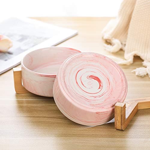 Marble Pink Ceramic Cat Dog Bowl Dish with Wood Stand No Spill Pet Food Water Feeder Cats Small Dogs Set of 2 6