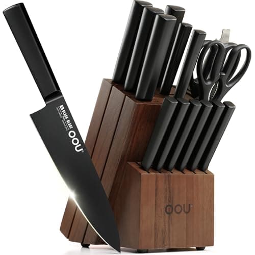 OOU Kitchen Knife Block Set - 15 Pieces High Carbon Stainless Steel Chef Knife Sets, Anti-Rust Black Knives Set with Built-in Sharpener Block, Brown