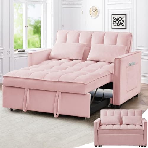 Skepphlay Convertible Couch, Loveseat Sleeper with 3-Level Adjust Backrest, Pull Out Sofa Bed Recliner with Storage Pockets, Pink