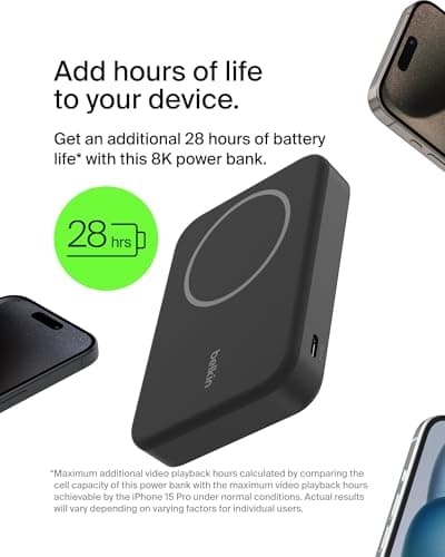 Belkin Portable Charger, Wireless Power Bank 15W 8000 mAh w/ Qi2 - MagSafe Charger w/Built-in Pop-up Kickstand - iPhone 17, Air, Pro, Pro Max, AirPods, Apple Watch, Google Pixel 10, etc. - Black 7