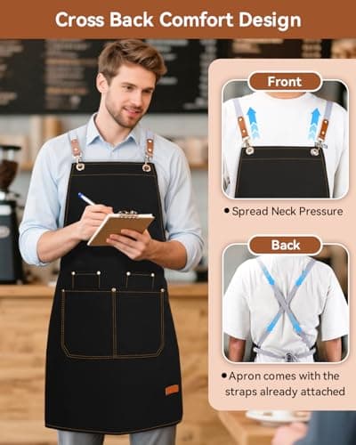 Teskyer Kitchen Cooking Apron with 4 Pockets, Water Oil Resistant, Canvas Cross Back Aprons for Men Women Chef Server - Black 6