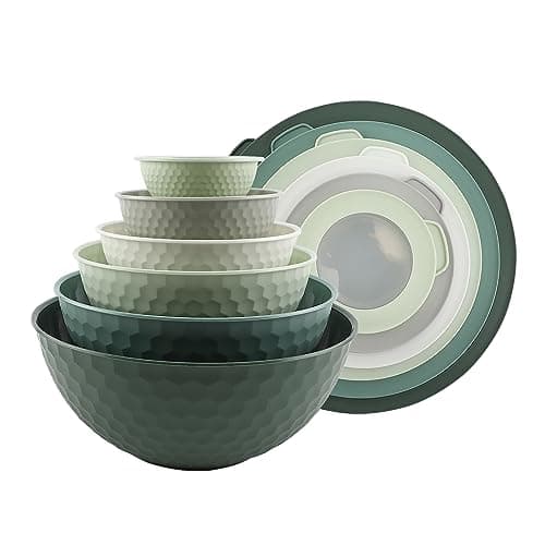 COOK WITH COLOR Mixing Bowls with Lids - 12 Piece Plastic Nesting Bowls Set includes 6 Prep Bowls and 6 Lids, Microwave Safe Mixing Bowl Set, Sage Embossed