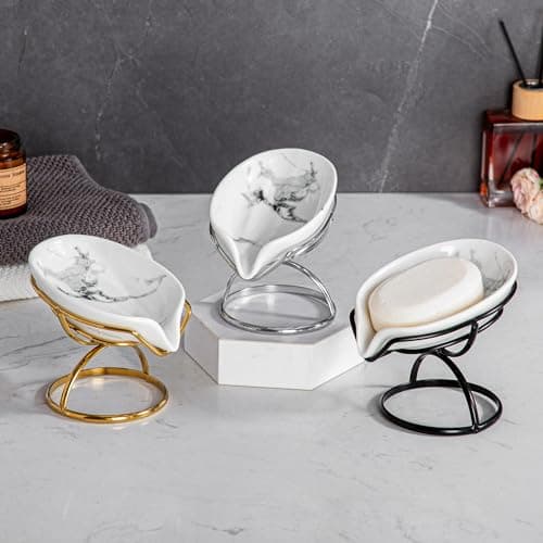 Dobbyby Leaf-Shaped Ceramic Soap Dish with Drain, Holder, Saver, Tray, Bar Soap Holder, Easy Cleaning, for Shower Bathroom Kitchen Sink Bathtub, Pro-Environment White 7