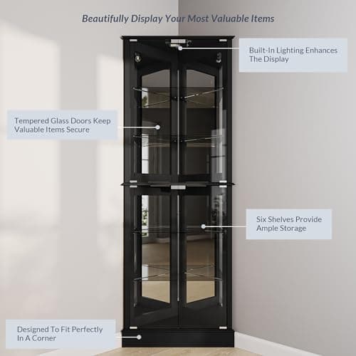 BELLEZE Lighted Corner Display Curio Cabinet Wooden Shelving Unit with Tempered Glass Door, Bar and Liquor Storage Area with 6 Shelves - Woody (Black) 6