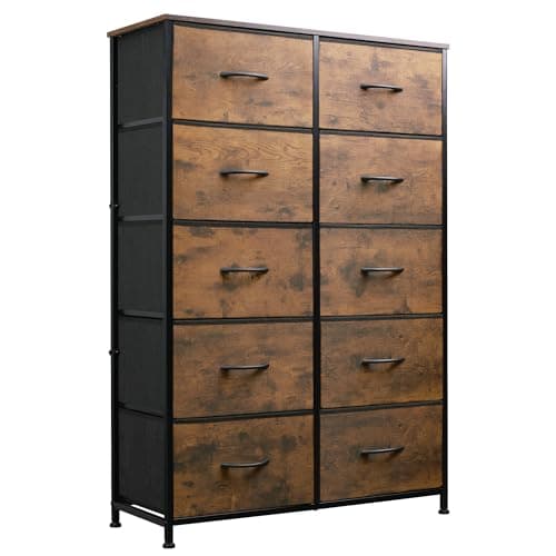 WLIVE Tall Dresser for Bedroom with 10 Drawers, Fabric Dresser for Closet, Storage Tower with Cabinet, Metal Frame, Rustic Brown Wood Grain Print