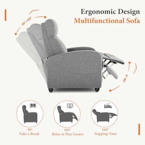 Sweetcrispy Recliner Chair Fabric Recliner Sofa No Massage, Home Theater Seating with Lumbar Support, Adjustable Push Back Overstuffed High-Density Sponge Reclining for Living Room, Slate Gray 6