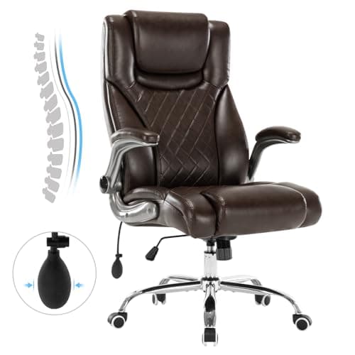 Seevoo Executive Office Chair - High Back Swivel Chair with Adjustable Lumbar Support, Flip-Up Arms, PU Leather, Spring Cushion (Brown)