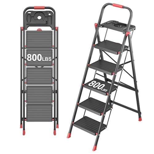5 Step Foldable Step Ladder with Mutifunctional Tool Tray, Platform Ladders Stepstools, Step Stool 5 Step Folding with Non-Slip Pedals, 800lbs Bearing Capacity for Adults, Home, Kitchen, Black Red