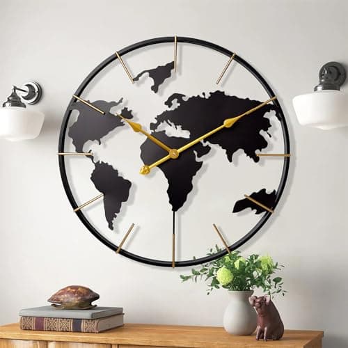 KEQAM Large World Map Wall Clock,Metal Minimalist Modern Clock,Round Silent Non-Ticking Battery Operated Wall Clocks for Living Room/Home/Kitchen/Bedroom/Office/Farmhouse Decor (24 Inch)