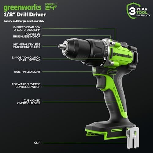 Greenworks 24V Brushless Cordless Compact 1/2 in. Drill/Driver Kit (Keyless Ratcheting Metal Chuck /530 in.-lbs. /21+1 Clutch Position/LED Light), 2×2Ah Battery and Fast Charger Included 2