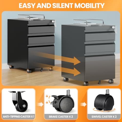 AFAIF 3 Drawer Mobile File Cabinet with Lock, Rolling Filing Cabinets for Home Office, Under Desk Small File Cabinet Three Drawers for Legal/Letter/A4 File, Black - Assembly Required 4