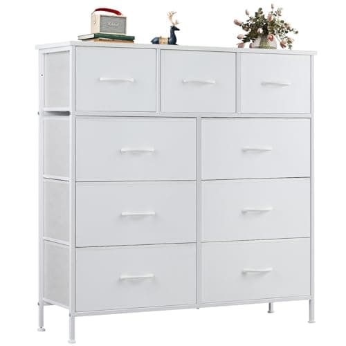 OLIXIS Dresser for Bedroom, 9 Storage Drawers, Wide Fabric Closet Chests Organizer Tower Furniture, TV Stand with Wooden Top Metal Frame for Clothes, Living Room, Hallway, Entryway, Classic White