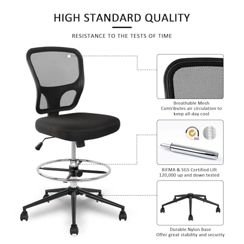 Armless Drafting Chair Tall Office Chair Adjustable Height High Back Ergonomic Desk Chair Drafting Stool Rolling Bar Stools Chairs with Footrest and Wheels 6