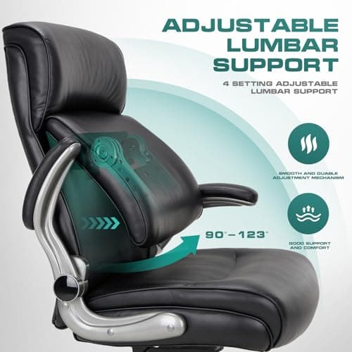 COLAMY High Back Office Chair Big and Tall 300lbs, Ergonomic Desk Armchair with Adjusatble Lumbar Support, Upgraded Casters, Flip-Up Padded Arms, Leather Home Chair with Thick Cushion-Black 4