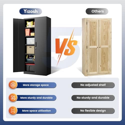 Yizosh Metal Garage Storage Cabinet with 2 Doors and 5 Adjustable Shelves - 71" Steel Lockable File Cabinet,Locking Tool Cabinets for Office,Home,Garage,Gym,School (Black) 8