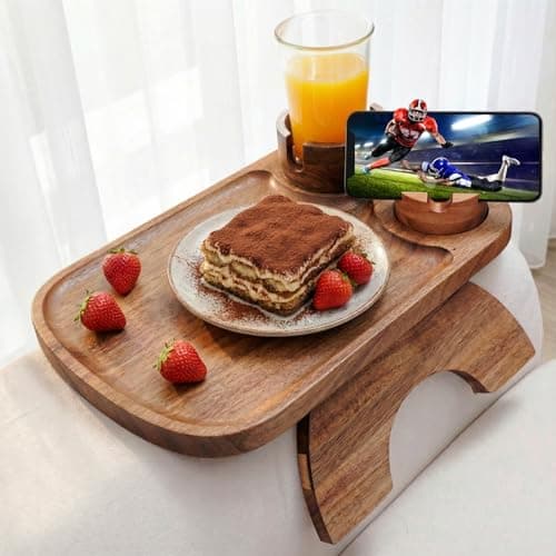 UrbanRoost Acacia Wood Couch Arm Tray,3 in 1 Large Clip on Couch Arm Table with 360° Rotated Phone Holder and Cup Holder, 15.35"x9.85" 7