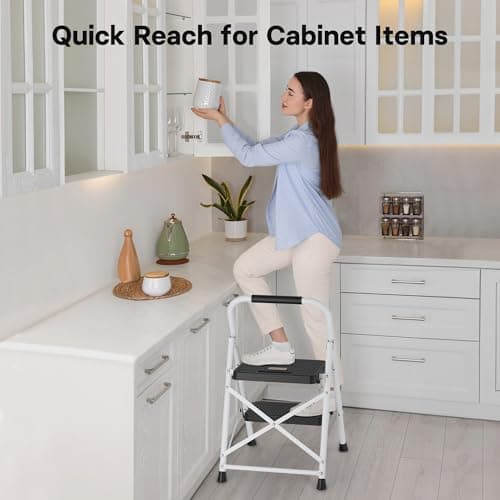 BONTEC 2-Step Ladder, Folding Step Stool, 600lbs Max Load Capacity, Sturdy Steel, Non-Slip Pedals, Lightweight, Portable Steel Ladder with Convenient Handrail, Safety Design for Home & Work, White 5