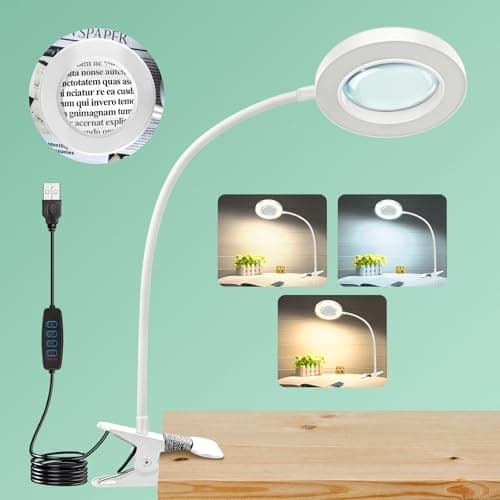 10X Magnifying Glass with Light, Clip on Mganifier with Light, 48 LED Desk Magnifying Glass wtih Clamp, 3 Modes Dimmable Magnifying LED Lamps for Bed Work Crafts DIY Repair White