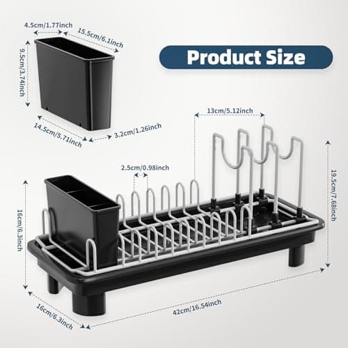 SanDream Small Dish Drying Rack with Removable Utensil Holder & Anti-Scratch Base - Stainless Steel Dish Rack, Dish Drying Rack with Drainage & Space Saving Design for Kitchen Counter, Black 7