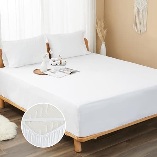 HOMTEC 100% Cotton Percale Fitted Sheet King Size, 8-15" Deep Pocket Cooling Bottom Sheet, Breathable Soft & Crisp Fitted Sheet Only with 4 Corner Straps (King, White)