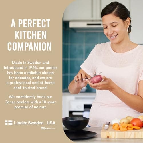 Linden Sweden Original Jonas Vegetable Peeler - Rust Resistant Silver Carrot and Potato Peeler with Ergonomic Handle for Safety and Control - Dishwasher Safe and Compact - Made In Sweden - 6.5in 7