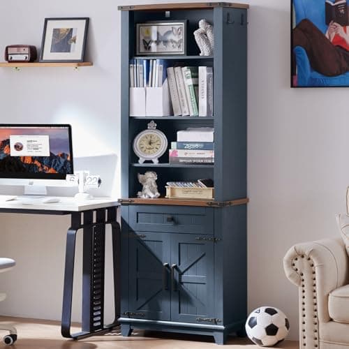 Joaxswe 72in Tall Bookshelf 7 Tier Bookcase with Drawer and Barn Doors and Adjustable Shelves, Blue Farmhouse Book Shelf with Storage Cabinet, Wood Freestanding Display Bookshelves for Living Room