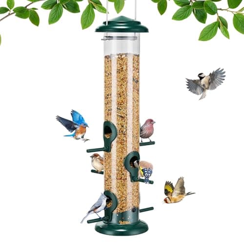 Kingsyard Metal Bird Feeders for Outdoors Hanging, Tube Bird Feeder with 6 Feeding Ports, 15 Inch, Chew-Proof & Weatherproof, Green