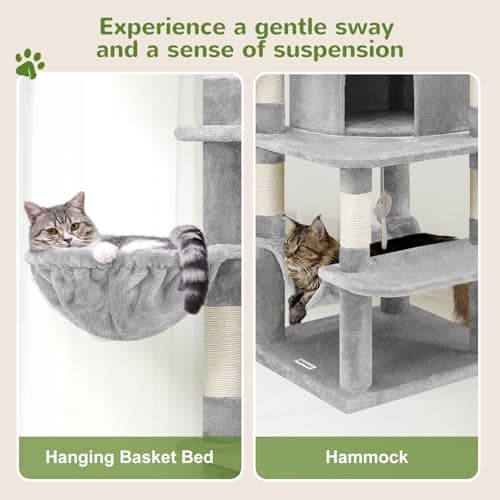 Globlazer Corner Cat Tree for Large Cats, 66inch Tall Curved Series Large Cat Tower for Multiple Indoor Cats with 6 Scratching Posts, 2 Spacious Cat Condos, Hammock, Hanging Basket, C66, Light Grey 5