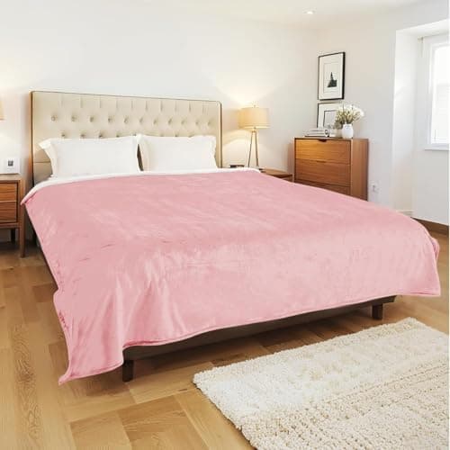 YUSTAL Electric Heated Blanket Queen Size 84x90 Inch - Super Soft Flannel, 10 Heat Settings, 1-12H Automatic Shutoff, Dual Zone Controls, Machine Washable, Ideal for Couch & Sleeping (Light Pink)