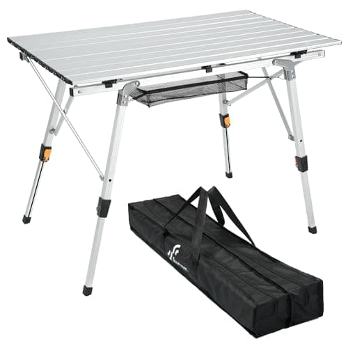 Sportneer Camping Tables That Fold Up Lightweight, Adjustable Height Aluminum Folding Table with Top Mesh Layer, Roll Up Camping Table for Outdoor Camp Picnic Beach RV Backyards Kitchen BBQ