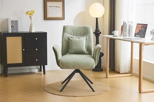 VINGLI Green Swivel Office Chair with Back & Lumbar Pillow,Padded Arms,No Wheels,Comfy Modern Desk,Sewing,Dining,Vanity,Computer Task Chair for Home,Makeup,Nail Tech,Bedroom,Living Room,Chenille