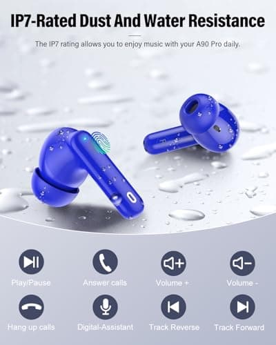 Wireless Earbuds, Bluetooth 5.4 Headphones Bass Stereo, Ear Buds with Noise Cancelling Mic, LED Display in Ear Earphones Clear Calls, IP7 Waterproof Bluetooth Earbuds for Laptop/Phones/Sports, Blue 8