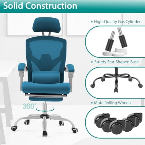 DUMOS Home Office Desk Chair with Footrest, High-Back Mesh Rolling Swivel Reclining Chairs with Wheels, Comfortable Headrest, Lumbar Support, Comfy Arms for Home, Office, Gaming, Student, Blue 7