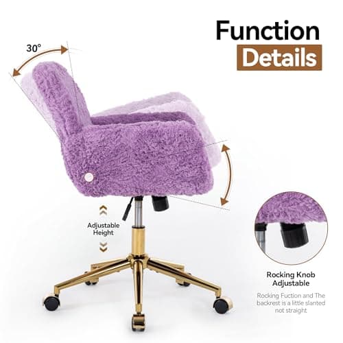 Warmiehomy Furry Cute Office Chair- Modern Swivel Desk Chair with Wheels- Makeup Vanity Chairs with Back - Alpaca Fleece Upholstered Rolling Chairs for Vanity Makeup Room Girls Women Violet 6