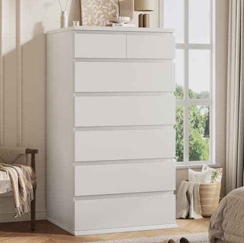 White Tall 7 Drawer Dresser for Bedroom, Modern Wood Closet Dressers & Chests of Drawers with Jewelry Storage, 23.6" L*15.8" W*47.5" H in Large Vertical Dresser for Bedroom, Living Room, Nursery