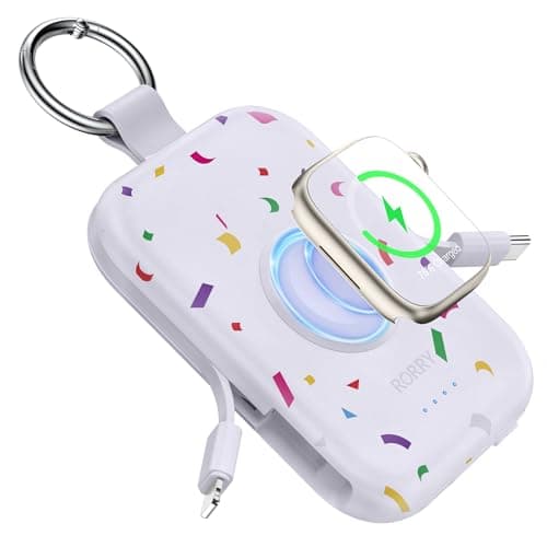 RORRY Portable Charger, 5000mAh Portable Charger Power Bank with Built-in Cables, Travel Keychain Battery Pack for Apple Watch Ultra/11/10/9/8/7/6/SE, iPhone Air/17/16/15/14/13/12, Confetti-Purple