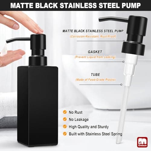 GMISUN Black Soap Dispenser Bathroom, Glass Hand Soap Dispenser with Stainless Steel Pump, 12 fl oz/350ml Refillable Dish Dispensers for Kitchen, Modern Liquid Lotion Bottles for Bathroom Countertop 3