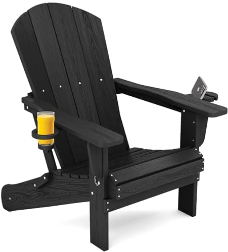 SERWALL HDPE Folding Adirondack Chair with Dual Cup Holder - Composite Adirondack Chair - Black