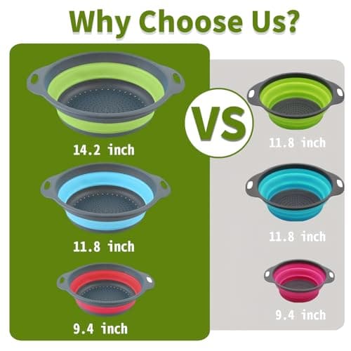 Silicone Colander Collapsible Strainers Set for Kitchen- 3 Pack (3Qt, 4Qt,5Qt) -Over Home Draining Basket, Food Vegetables & Fruits-Dishwasher Safe, BPA Free Space Saving Design (Green,Blue,Red) 2