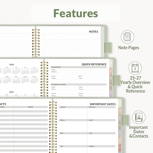 SUNEE 2026 Weekly & Monthly Planner 6.4"x8.5"- 12 Month (January 2026 - December 2026), Vegan Leather Cover, Pocket, Bookmark, Notes, Monthly Tab, Sage Green 7