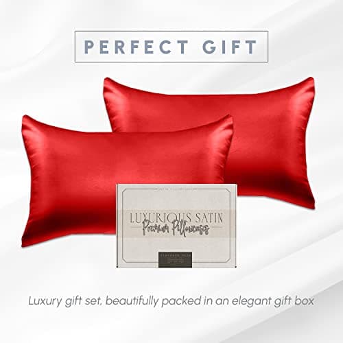Elegant Comfort 2-Pack Cooling Viscose Satin Pillowcase Set with Hidden Zipper Closure, Silky Smooth for Best Hair and Skin Care-Beautiful Gift Box-2-Piece Satin Pillowcase Set, King, Red 5