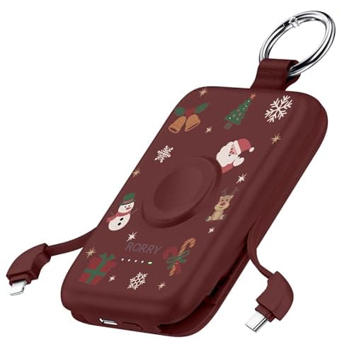 RORRY Portable Charger, 10000mAh PD 20W Fast Charging Portable Charger Power Bank with Built in Cables, Travel Battery Pack for iPhone 17/16/15/14/13/12 and Apple Watch, Christmas Red