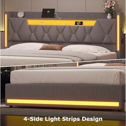 busyaeh King Size Bed Frame with Marshmallow Headboard and Storage, King Bed Frame with LED Lights & Charging Station, Upholstered Platform Bed with Metal Support, No Noise, No Box Spring Needed,Gray 8