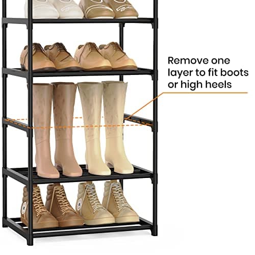 WEXCISE Narrow Shoe Rack 10 Tiers Tall Shoe Rack for Entryway 20 24 Pairs Shoe & Boots Organizer Storage Shelf Durable Black Metal Stackable Shoe Cabinet with Hooks, 17.1D x 11.8W x 78.7H in 5