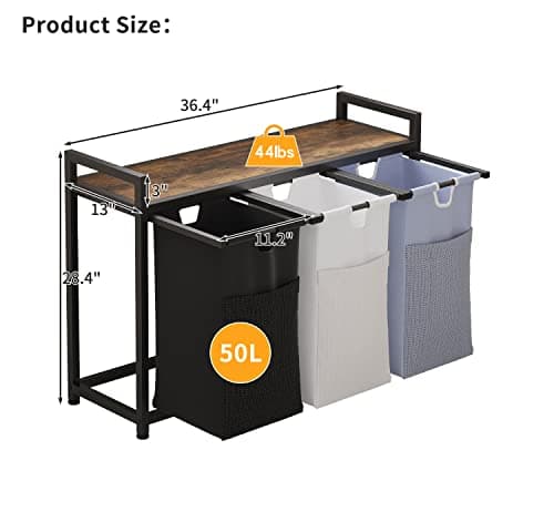 LIVEHOM Laundry Basket Three Laundry Hamper with Removable Bags, Fabric Handles, Large Top Shelf and Laundry Bag for Bathroom, Dorm, Laundry Room 7