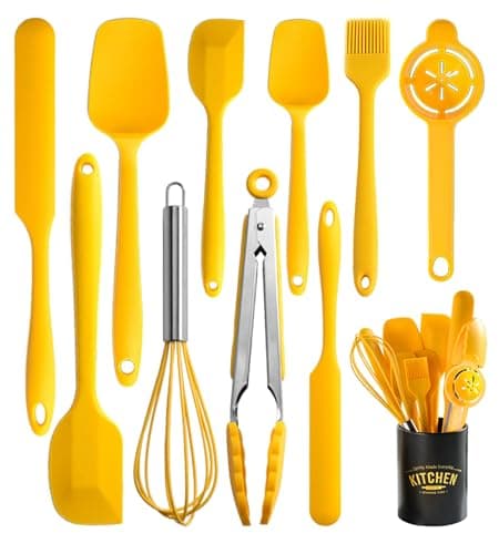Silicone Spatula Set of 11 Kitchen Utensils with Iron Utensils Holder for Baking, Cooking, and Mixing,Cooking Spatulas Nonstick Cookware，Seamless and Flexible,Dishwasher Safe (Yellow)