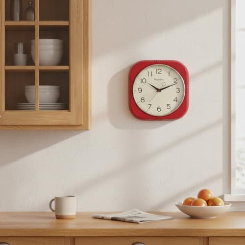 Westclox Retro Square Wall Clock, Vintage 1950s Mid-Century Design for Kitchen, Living Room, or Office – Quiet Quartz Analog Clock with Dome Glass Lens & Chrome Bezel (Red, 9.5") 7