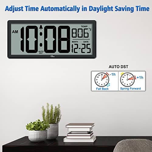 WallarGe 14.5'' Large Digital Wall Clock Battery Operated with Jumbo Numbers, Temperature and Date - Easy to Read and Set, Auto DST 6