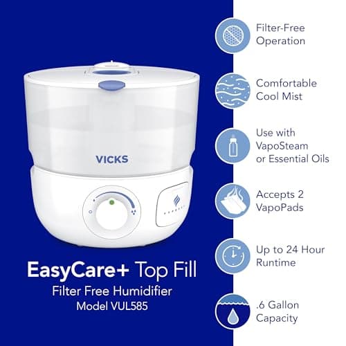 Vicks EasyCare Plus Top Fill Filter-Free Cool Mist Humidifier, Small Room–For Vapors 2 Ways –Works with Vicks VapoPads and VapoSteam, White 7